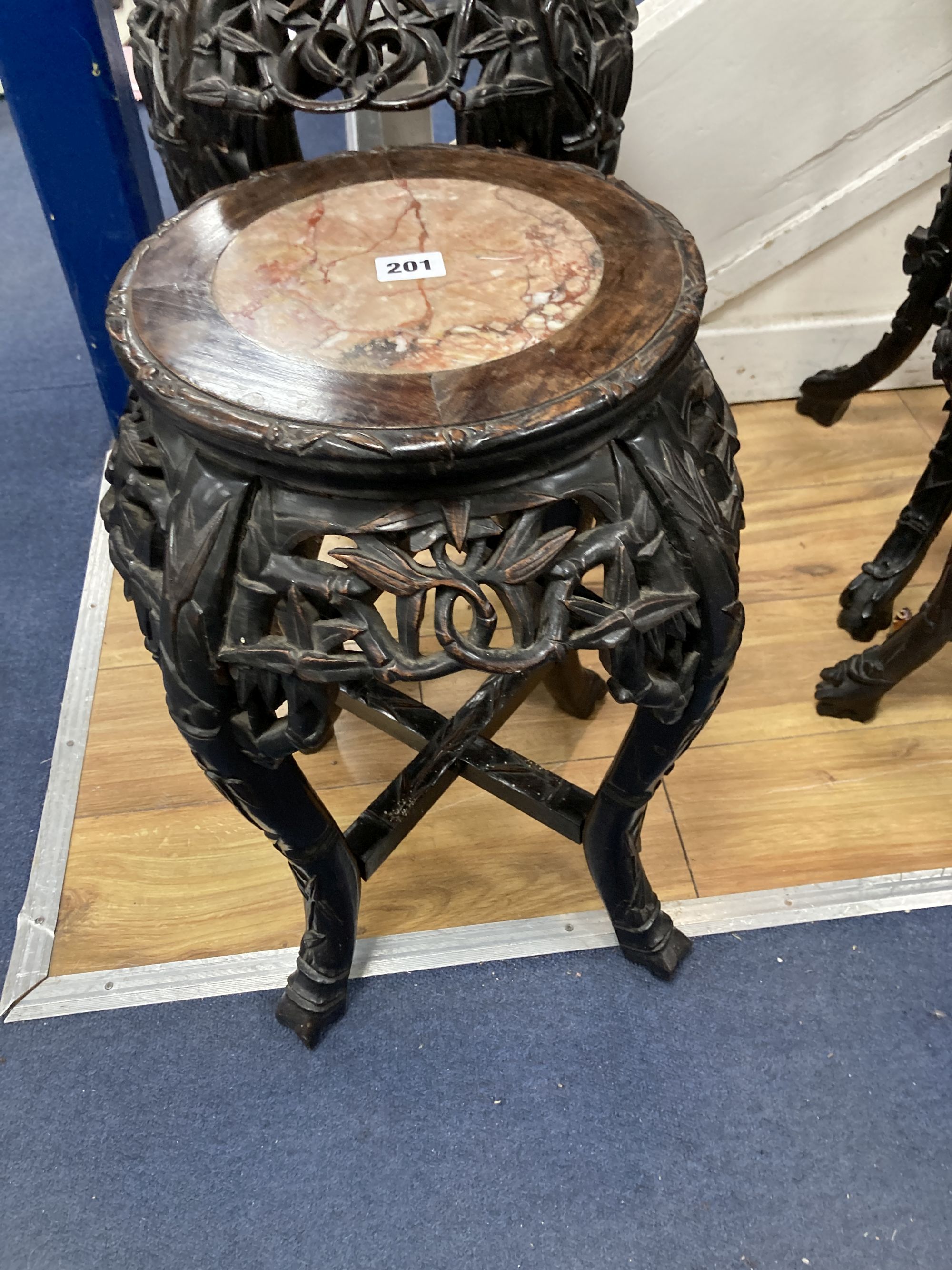 Two Chinese hongmu and marble inset faux bamboo vase stands, c.1900, larger width 36cm height 60cm